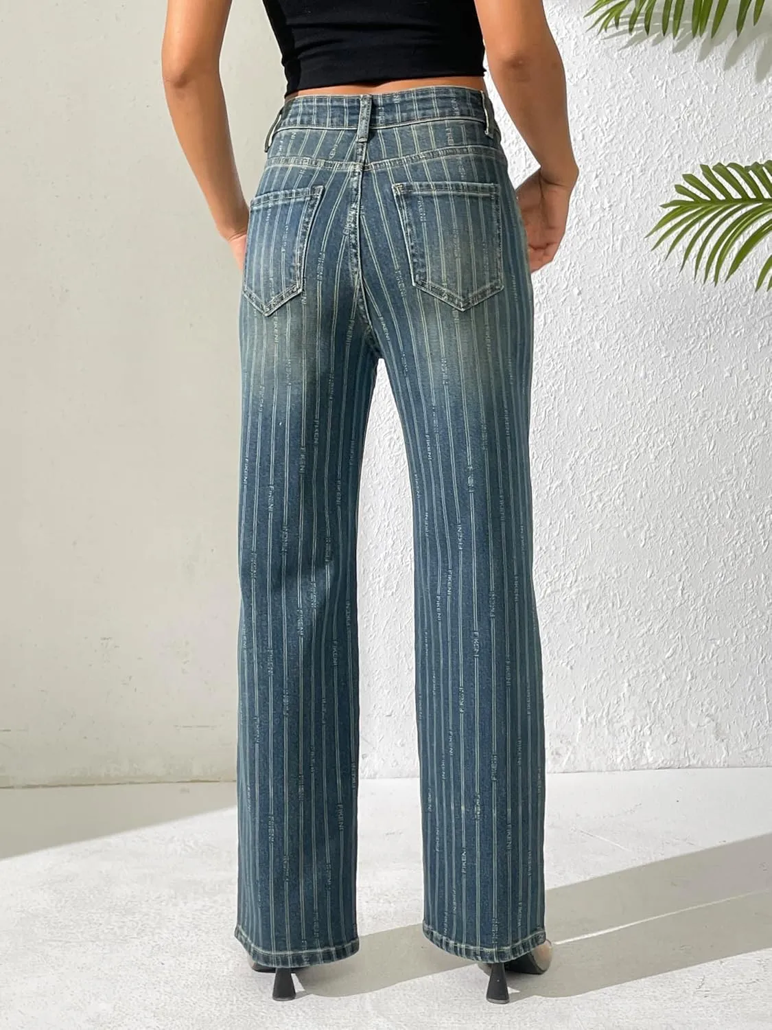 heipeiwa Women's Stripes Rhinestone Jeans High Waist Wide Leg Denim Pants Sparkle Shiny Sequin Trouser