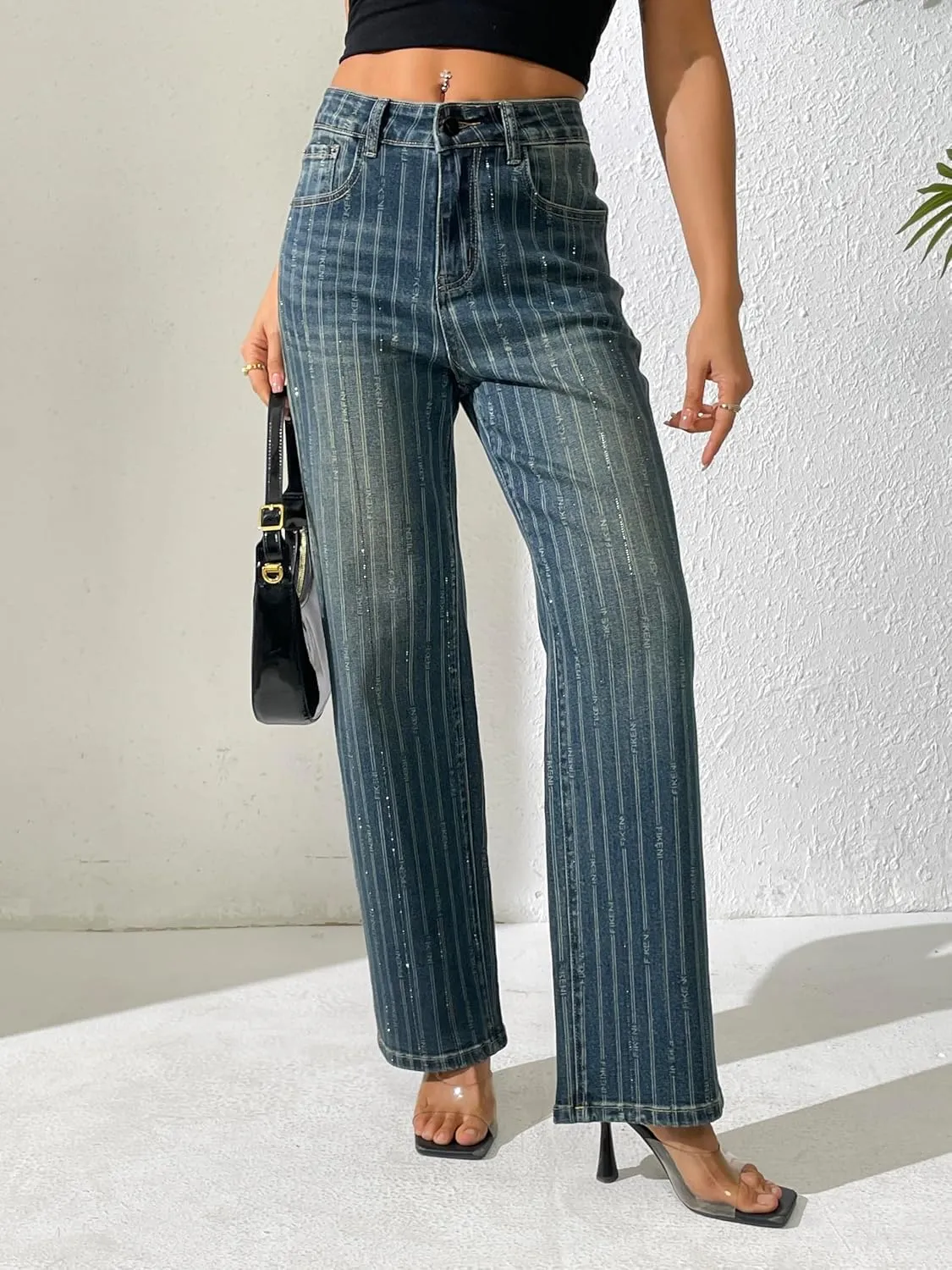 heipeiwa Women's Stripes Rhinestone Jeans High Waist Wide Leg Denim Pants Sparkle Shiny Sequin Trouser