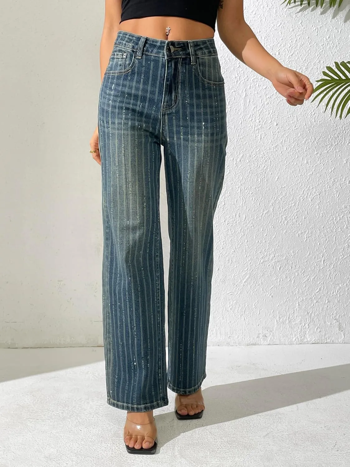 heipeiwa Women's Stripes Rhinestone Jeans High Waist Wide Leg Denim Pants Sparkle Shiny Sequin Trouser