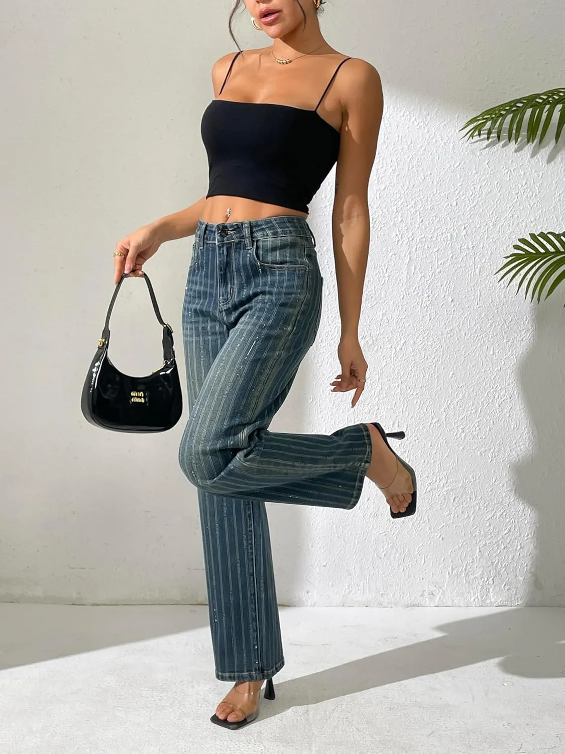 heipeiwa Women's Stripes Rhinestone Jeans High Waist Wide Leg Denim Pants Sparkle Shiny Sequin Trouser