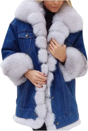 HINDOLA Womens Winter Denim Coats Faux Fur Thicken Lined Hood Overcoat Warm Sherpa Fur Jacket Snow Parka Jacket