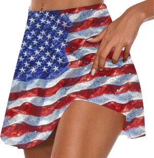 hlysgo Tennis Skorts for Woman Trendy American Flag Print Patriotic Workout Shorts 4th of July Athletic Shorts with Skirts