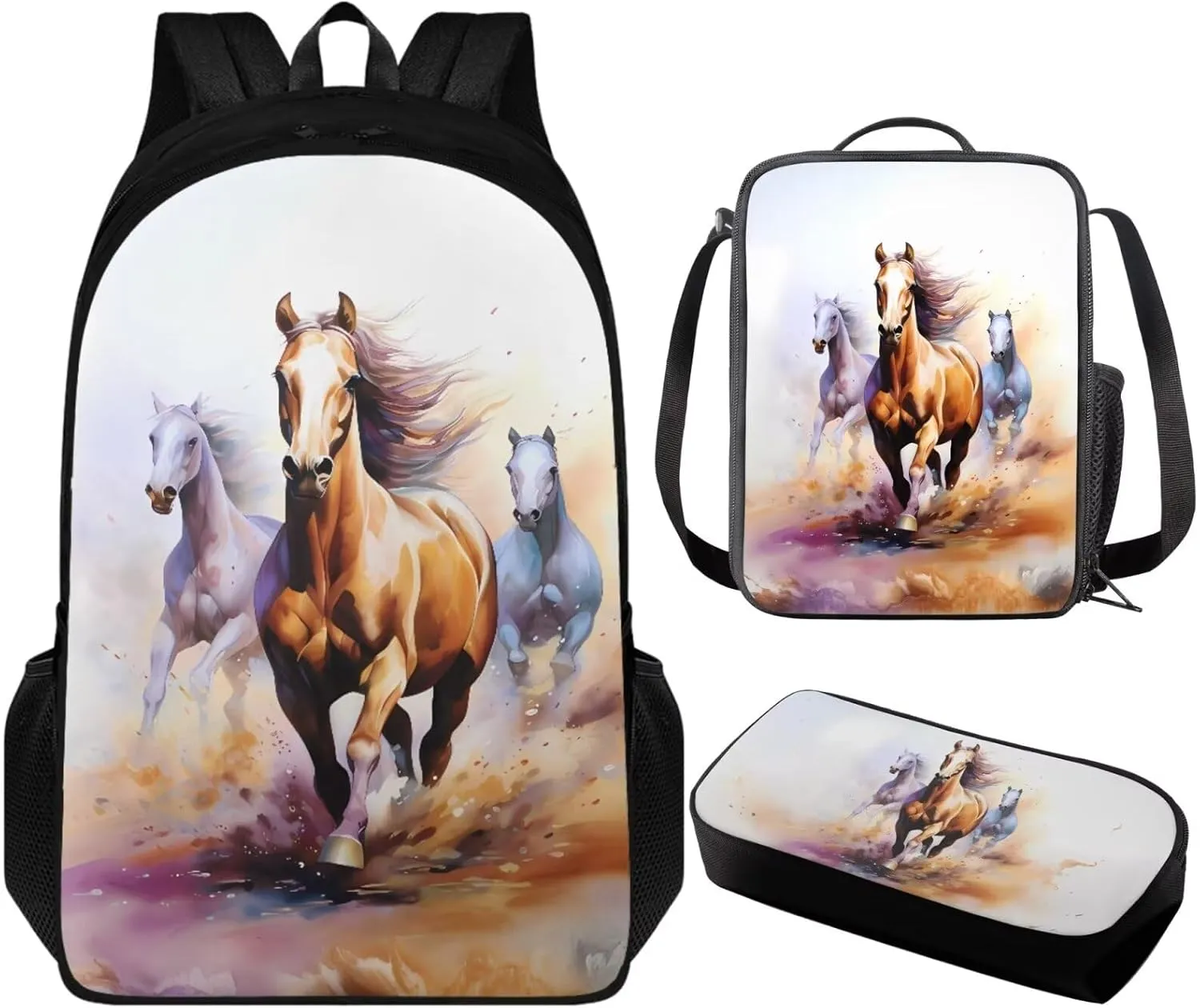 Horse Teen Backpacks for Boys Middle School Casual Cool Bookbag for Teens Trendy Travel 3 in 1 School Bag Set with Insulated Lunch Box Pencil Case for Daycare Primary Elementary
