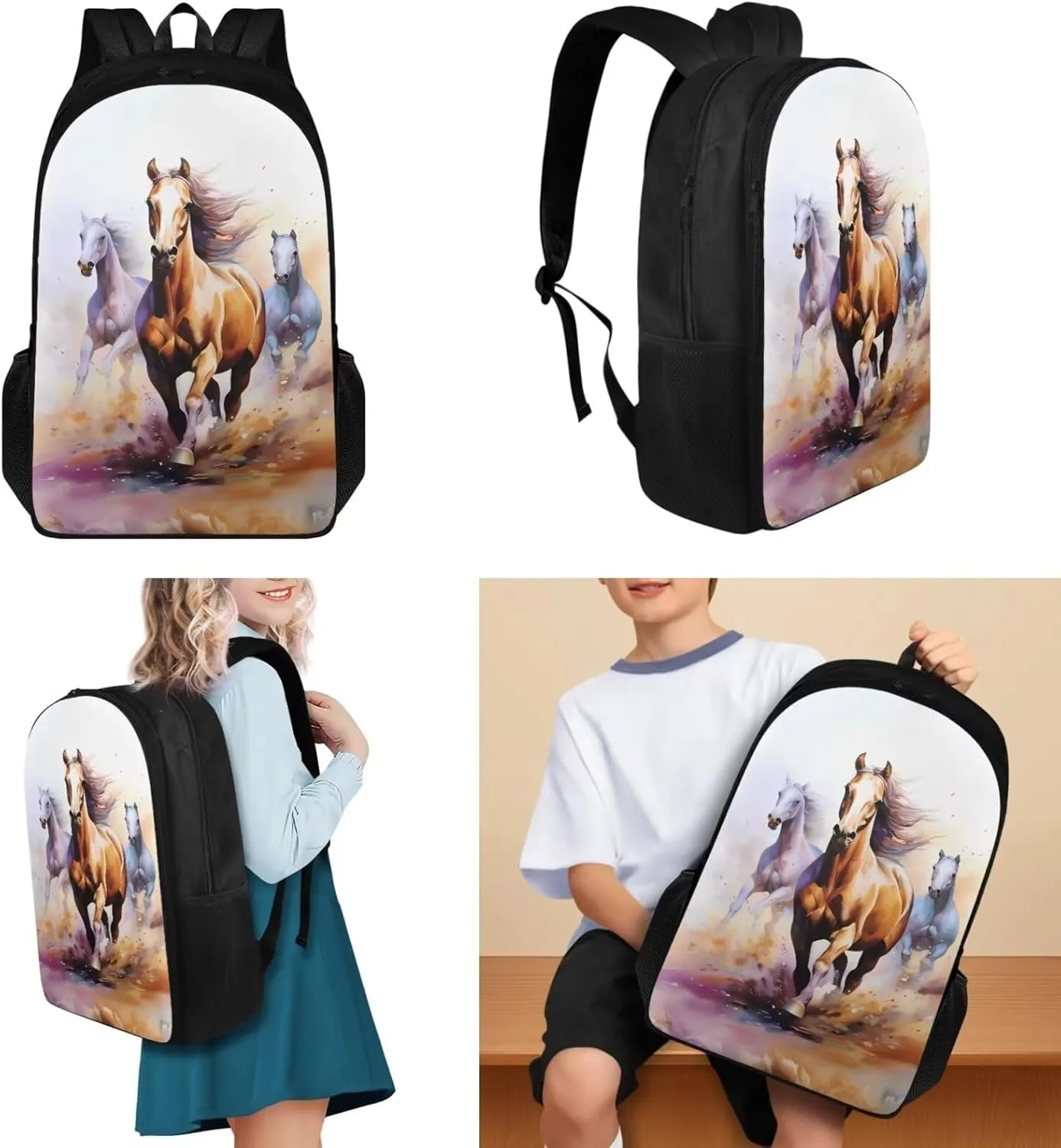 Horse Teen Backpacks for Boys Middle School Casual Cool Bookbag for Teens Trendy Travel 3 in 1 School Bag Set with Insulated Lunch Box Pencil Case for Daycare Primary Elementary