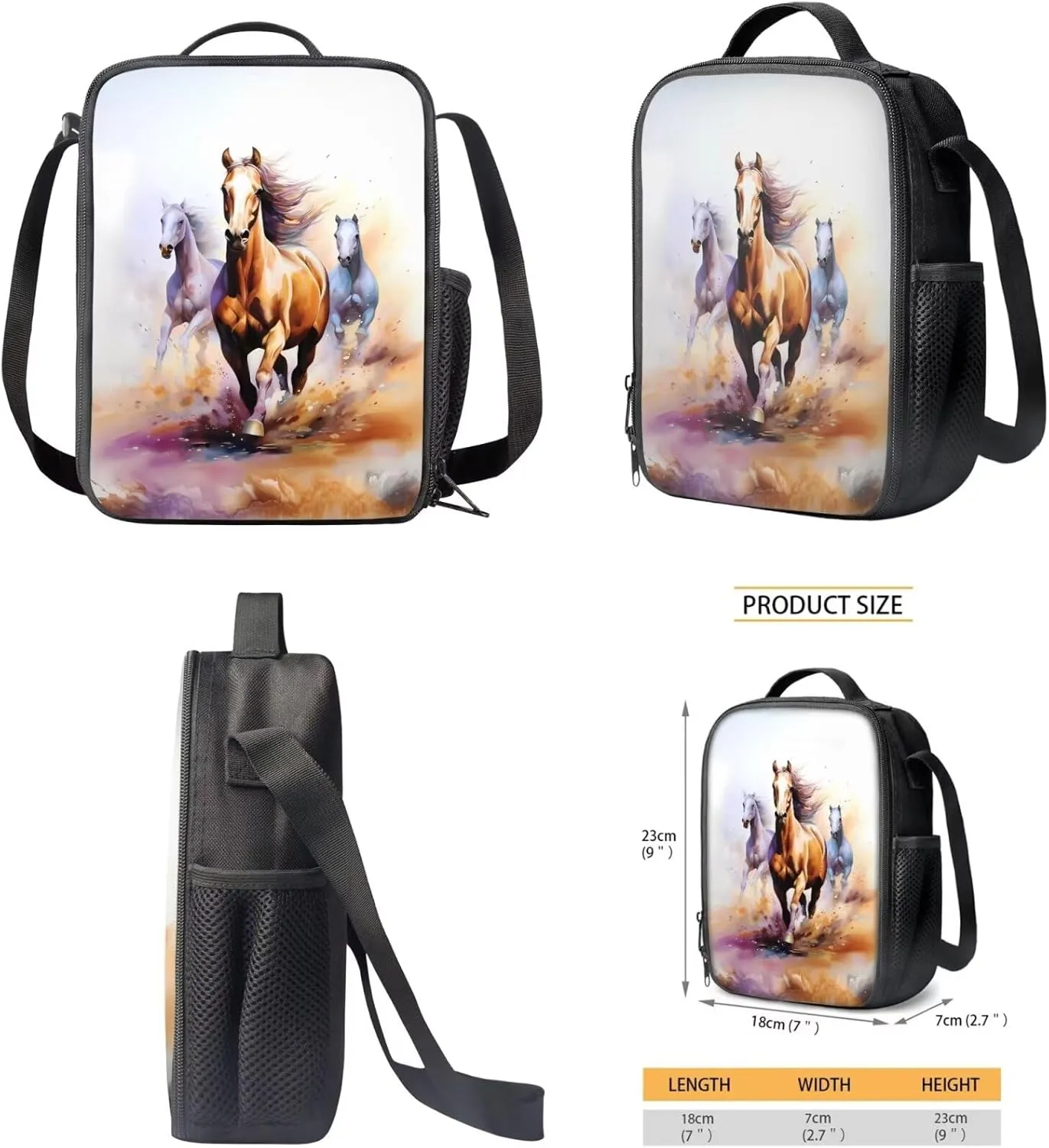 Horse Teen Backpacks for Boys Middle School Casual Cool Bookbag for Teens Trendy Travel 3 in 1 School Bag Set with Insulated Lunch Box Pencil Case for Daycare Primary Elementary