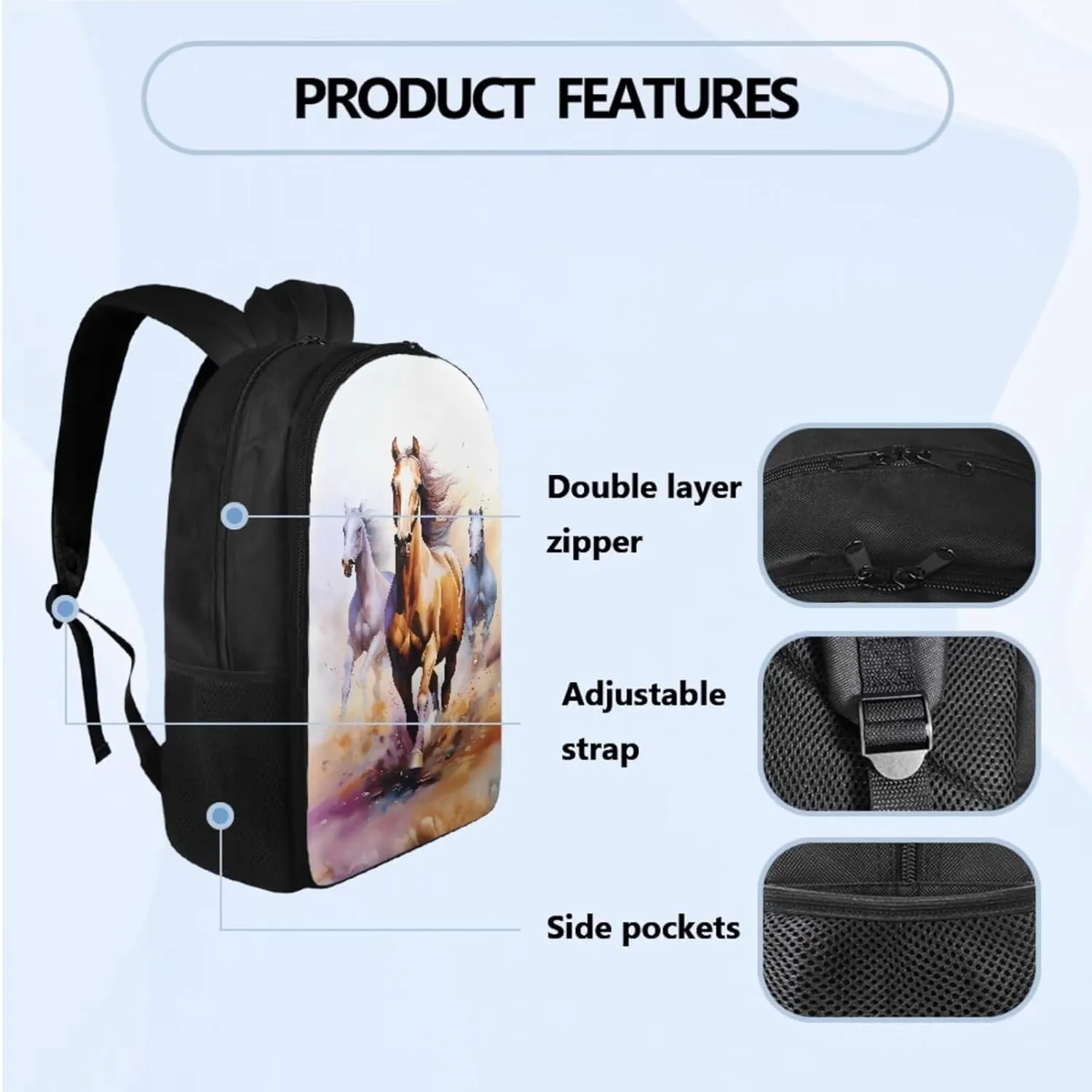 Horse Teen Backpacks for Boys Middle School Casual Cool Bookbag for Teens Trendy Travel 3 in 1 School Bag Set with Insulated Lunch Box Pencil Case for Daycare Primary Elementary