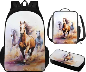 Horse Teen Backpacks for Boys Middle School Casual Cool Bookbag for Teens Trendy Travel 3 in 1 School Bag Set with Insulated Lunch Box Pencil Case for Daycare Primary Elementary