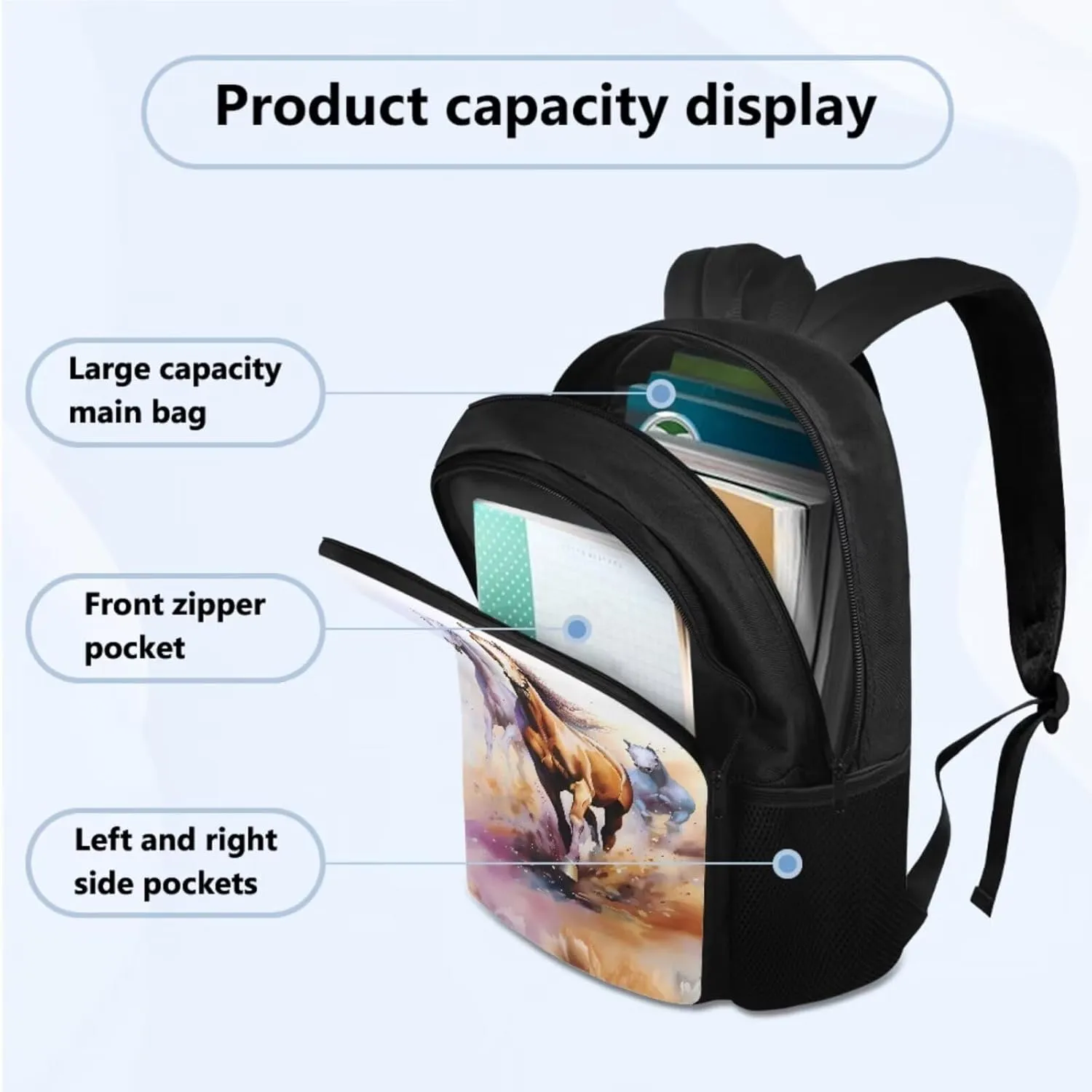 Horse Teen Backpacks for Boys Middle School Casual Cool Bookbag for Teens Trendy Travel 3 in 1 School Bag Set with Insulated Lunch Box Pencil Case for Daycare Primary Elementary