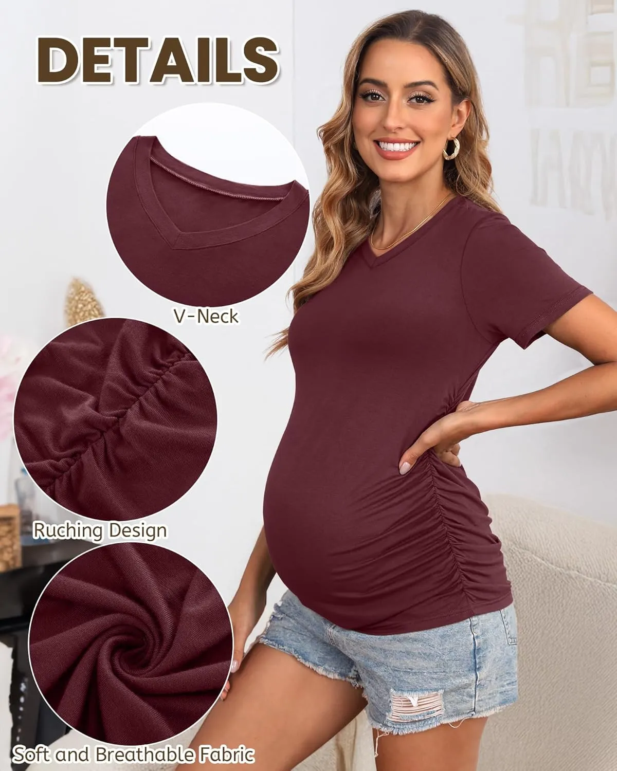 Huukeay 4 Pack Women's Maternity Shirts, V Neck Maternity Top Short Sleeve Casual Cotton Tee Side Ruched Pregnancy Clothes