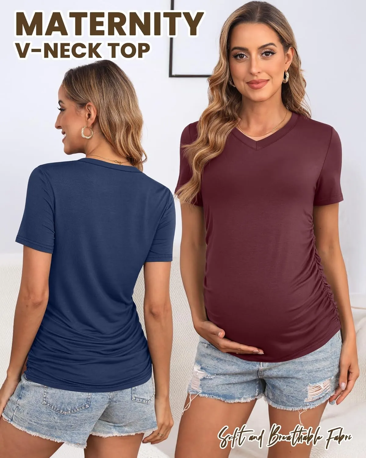 Huukeay 4 Pack Women's Maternity Shirts, V Neck Maternity Top Short Sleeve Casual Cotton Tee Side Ruched Pregnancy Clothes