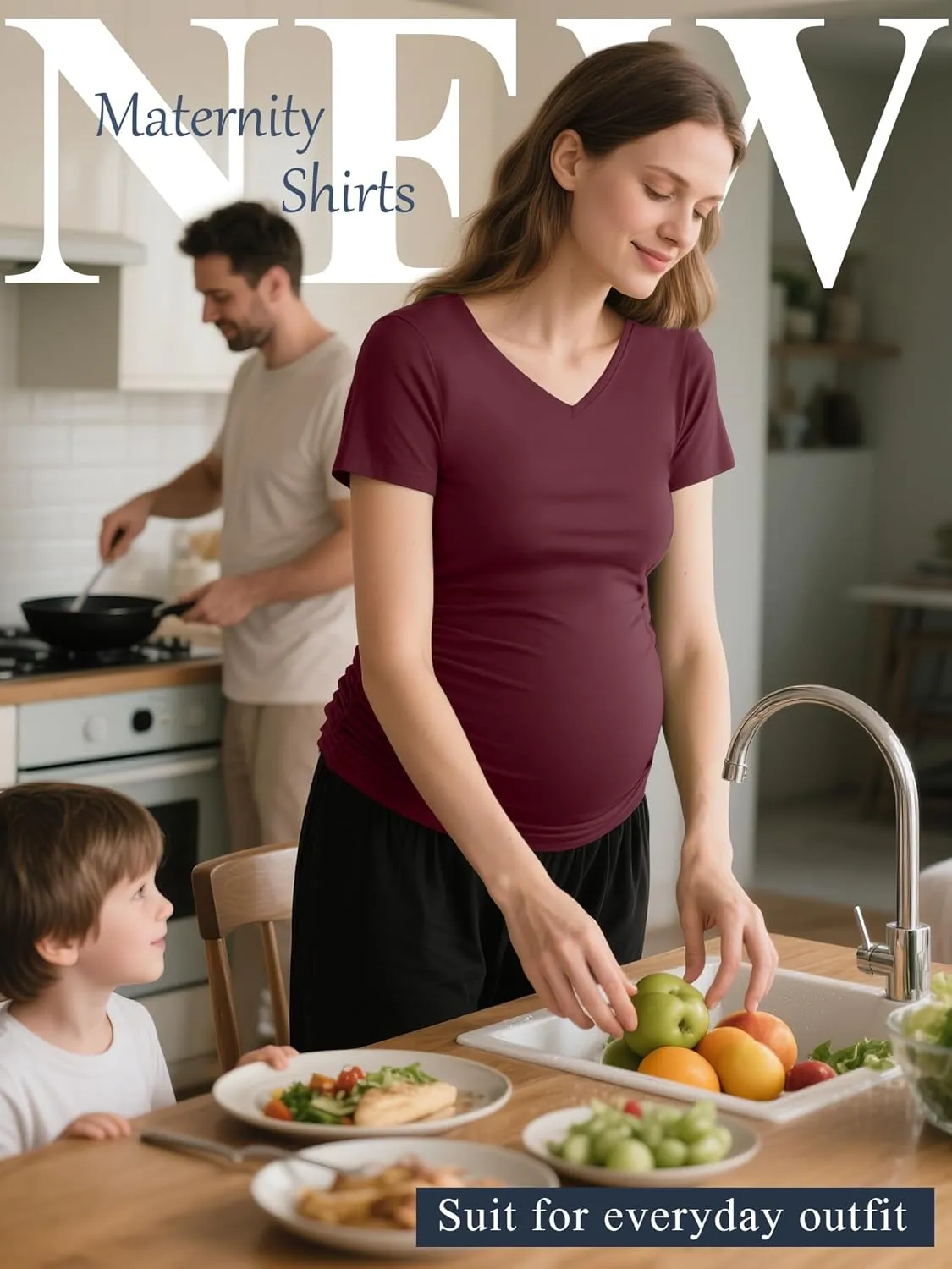 Huukeay 4 Pack Women's Maternity Shirts, V Neck Maternity Top Short Sleeve Casual Cotton Tee Side Ruched Pregnancy Clothes