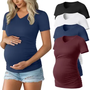 Huukeay 4 Pack Women's Maternity Shirts, V Neck Maternity Top Short Sleeve Casual Cotton Tee Side Ruched Pregnancy Clothes
