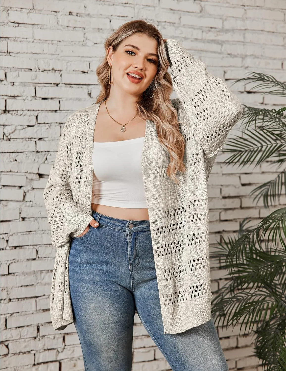 IN'VOLAND Womens Plus Size Crochet Cardigan Kimonos Boho Long Sleeve Oversized Summer Open Front Knitted Sweater