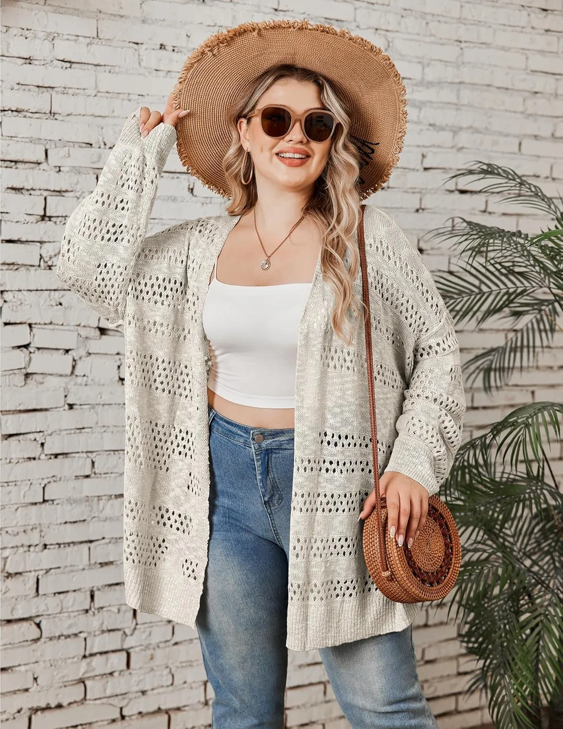 IN'VOLAND Womens Plus Size Crochet Cardigan Kimonos Boho Long Sleeve Oversized Summer Open Front Knitted Sweater