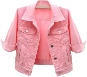 Jean Jacket Women 3/4 Sleeve Colored Cropped Denim Jacket Trendy Light Wash Short Jean Jacket Trucker Coat