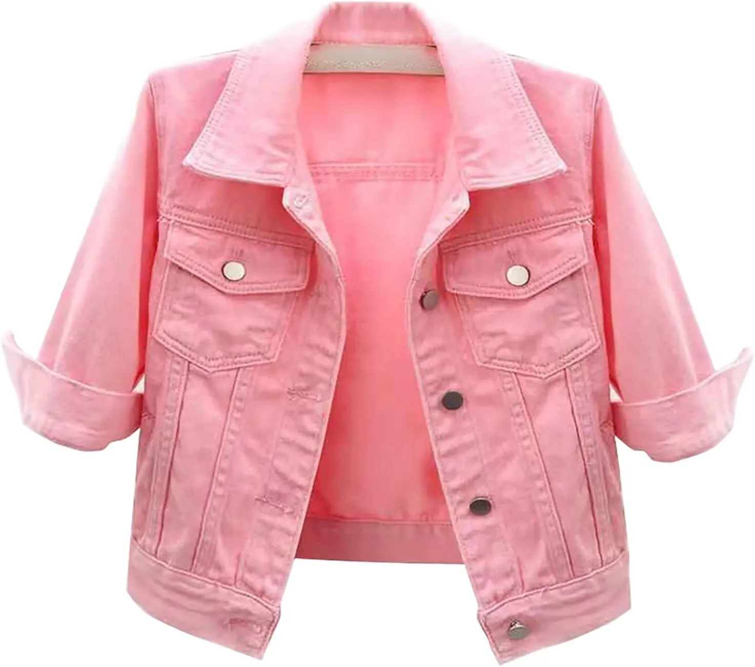 Jean Jacket Women 3/4 Sleeve Colored Cropped Denim Jacket Trendy Light Wash Short Jean Jacket Trucker Coat