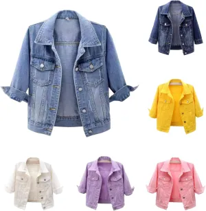 Jean Jacket Women 3/4 Sleeve Colored Cropped Denim Jacket Trendy Light Wash Short Jean Jacket Trucker Coat