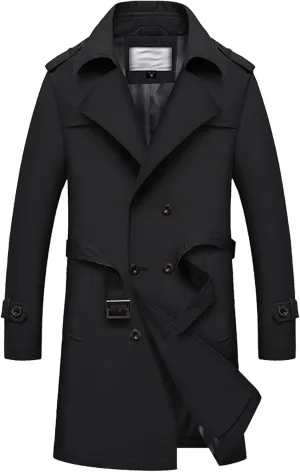 JEKE-DG Men's Double Breasted Trenchcoat Slim Fit Mid Long Trench Coat Winter Warm Long Windbreaker with Belt