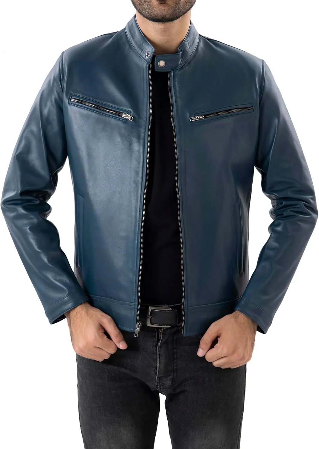 Jild Classical Single Piece Lambskin Leather Jacket Men - Everyday Wear Snap Tab Collar Mens Motorcycle Leather Jacket