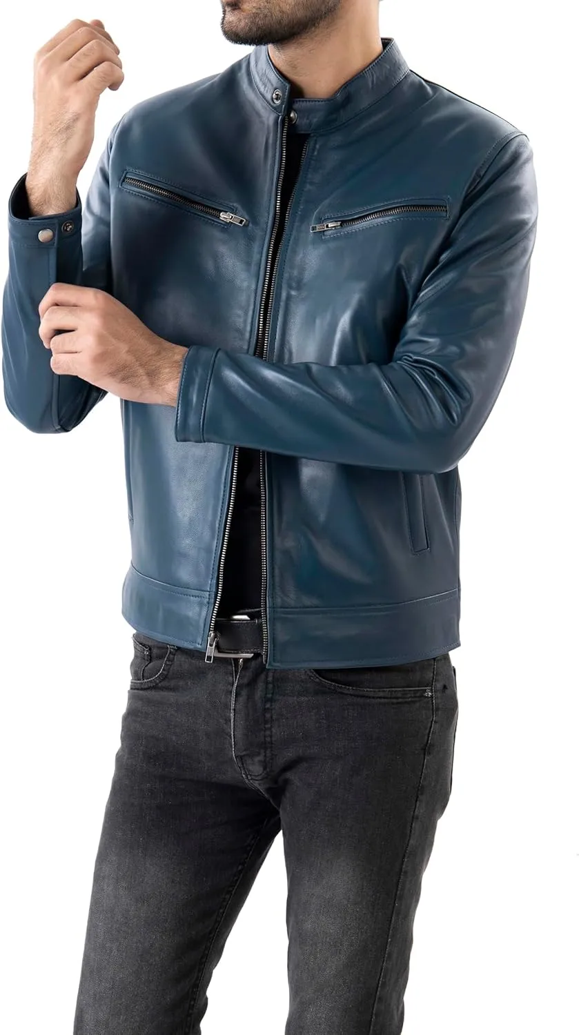 Jild Classical Single Piece Lambskin Leather Jacket Men - Everyday Wear Snap Tab Collar Mens Motorcycle Leather Jacket