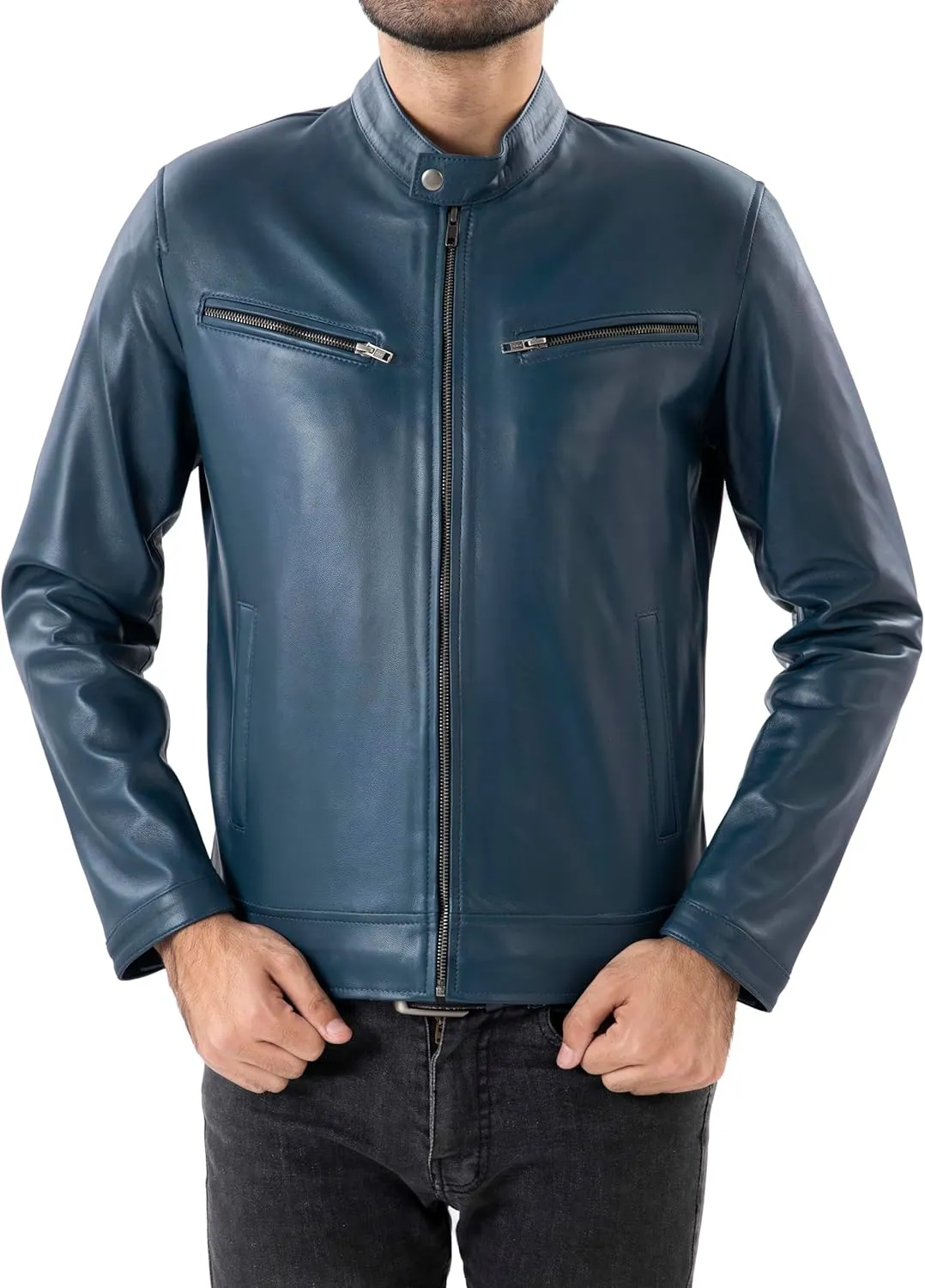Jild Classical Single Piece Lambskin Leather Jacket Men - Everyday Wear Snap Tab Collar Mens Motorcycle Leather Jacket