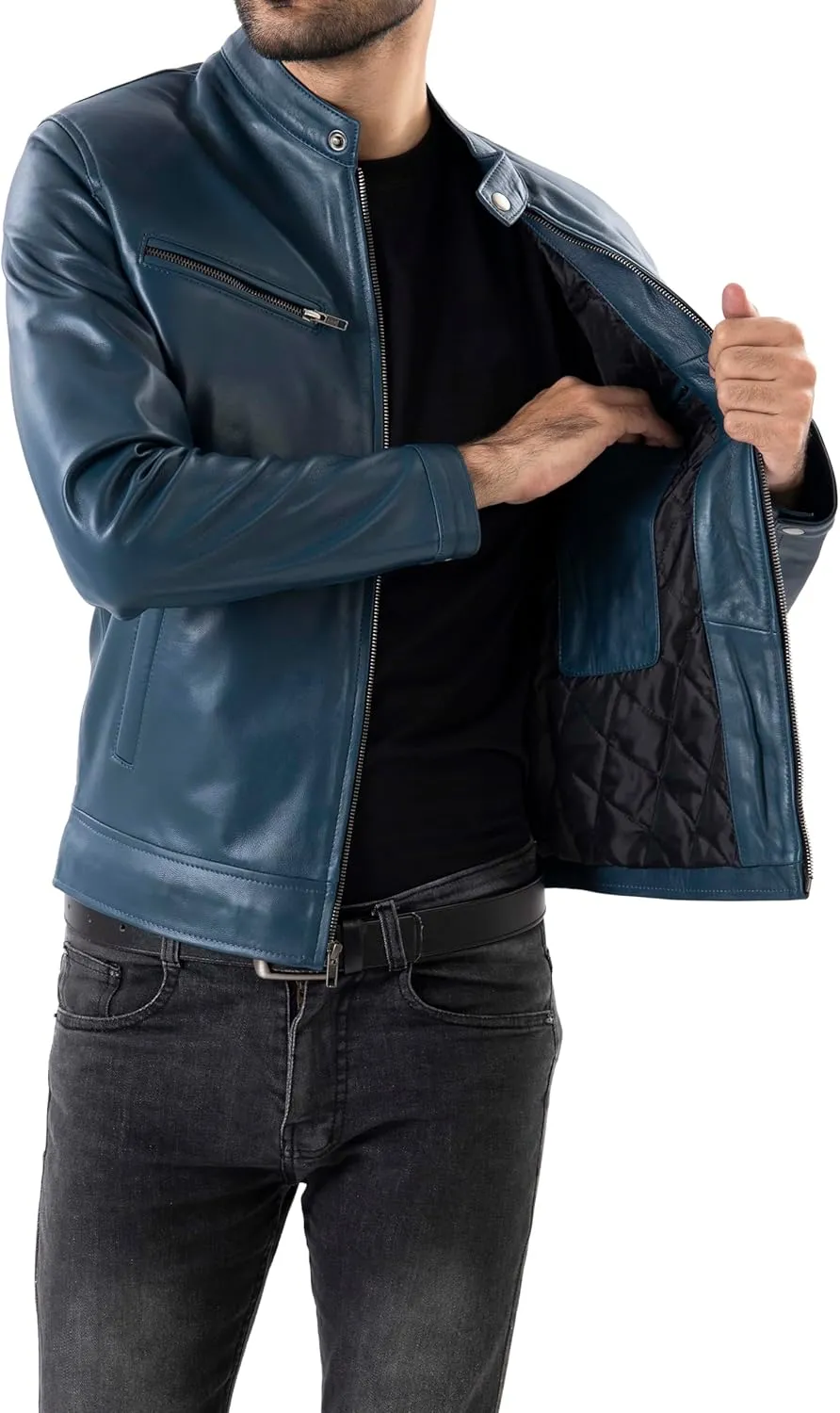 Jild Classical Single Piece Lambskin Leather Jacket Men - Everyday Wear Snap Tab Collar Mens Motorcycle Leather Jacket