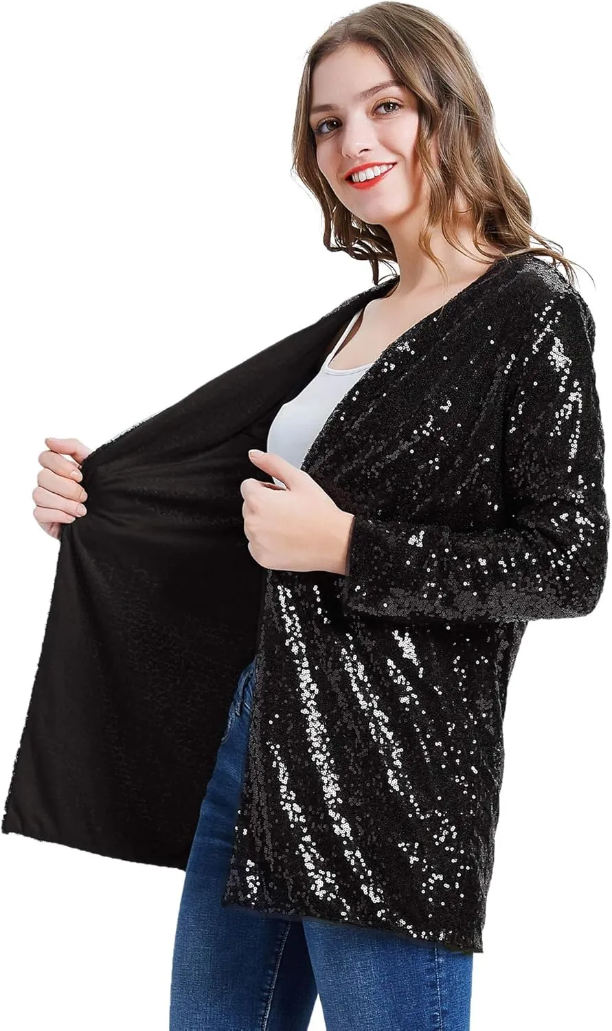 KANCY KOLE Women's Sequin Jacket Open Front Blazer Casual Long Sleeve Cardigan Coat S-XXL