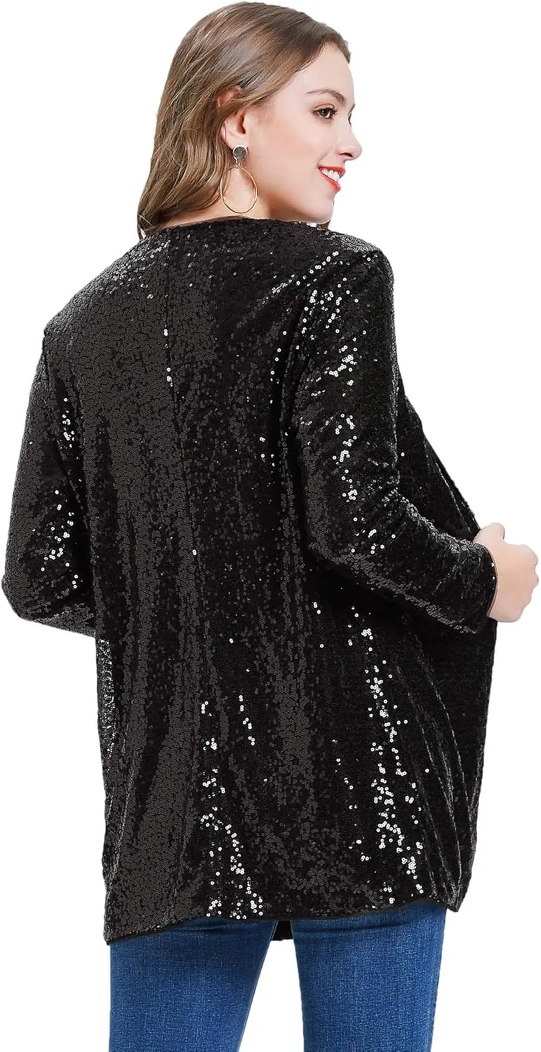 KANCY KOLE Women's Sequin Jacket Open Front Blazer Casual Long Sleeve Cardigan Coat S-XXL