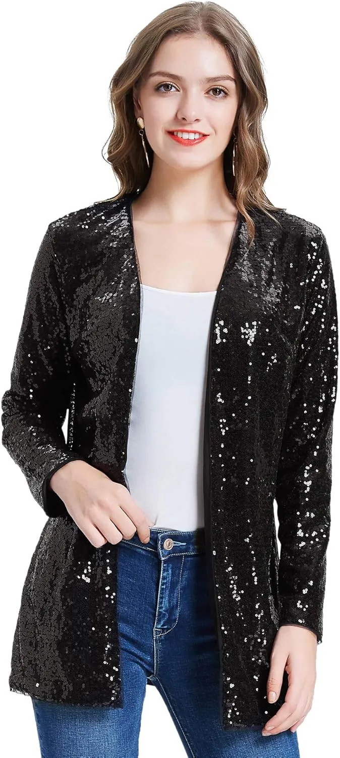 KANCY KOLE Women's Sequin Jacket Open Front Blazer Casual Long Sleeve Cardigan Coat S-XXL