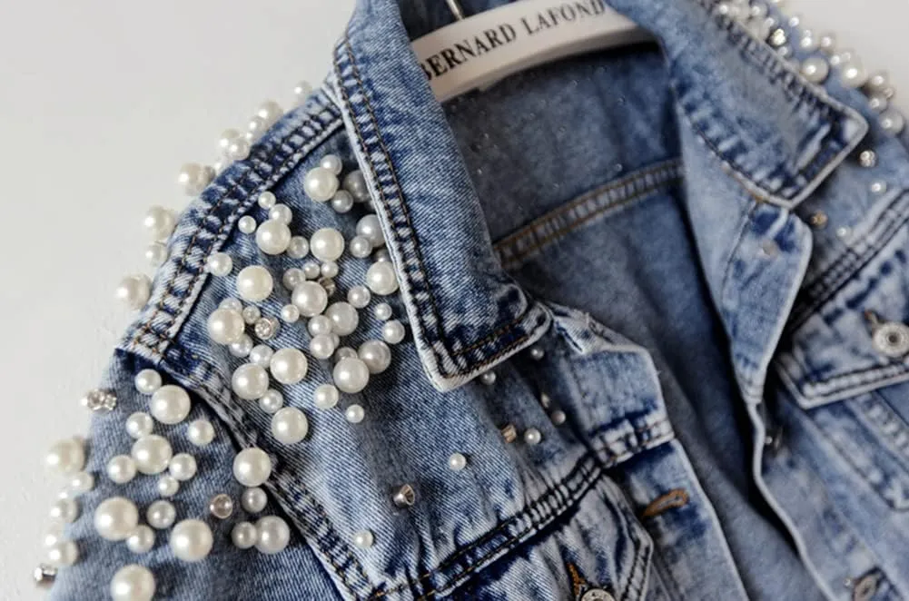 Kedera Women's Pearls Beading Denim Jackets Loose Embroidered Short Jean Coat Outerwear
