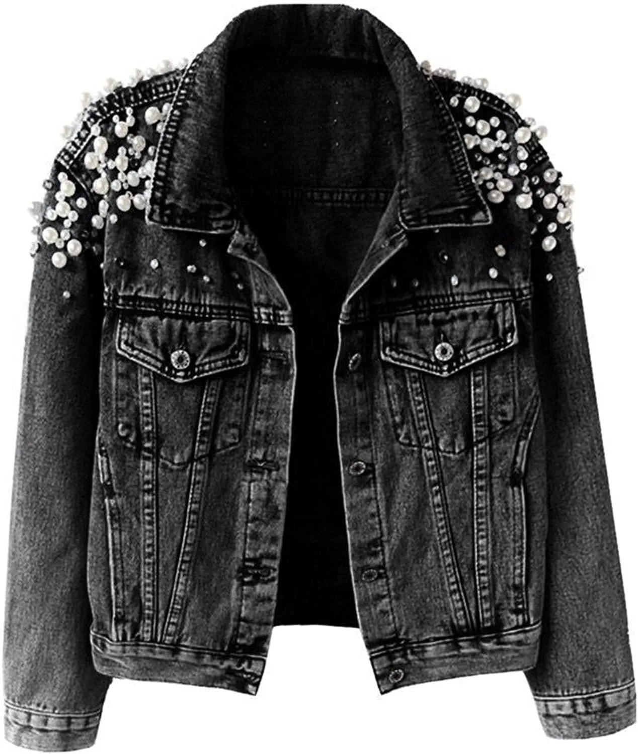 Kedera Women's Pearls Beading Denim Jackets Loose Embroidered Short Jean Coat Outerwear