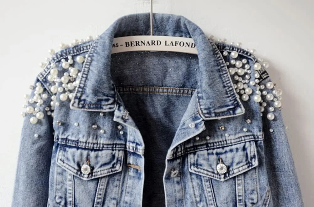 Kedera Women's Pearls Beading Denim Jackets Loose Embroidered Short Jean Coat Outerwear