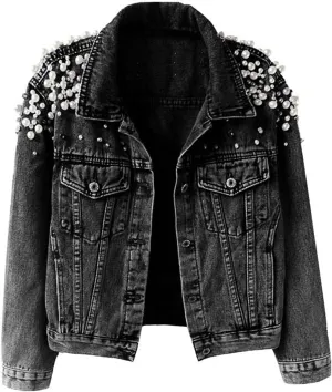 Kedera Women's Pearls Beading Denim Jackets Loose Embroidered Short Jean Coat Outerwear