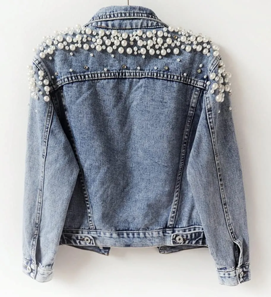Kedera Women's Pearls Beading Denim Jackets Loose Embroidered Short Jean Coat Outerwear