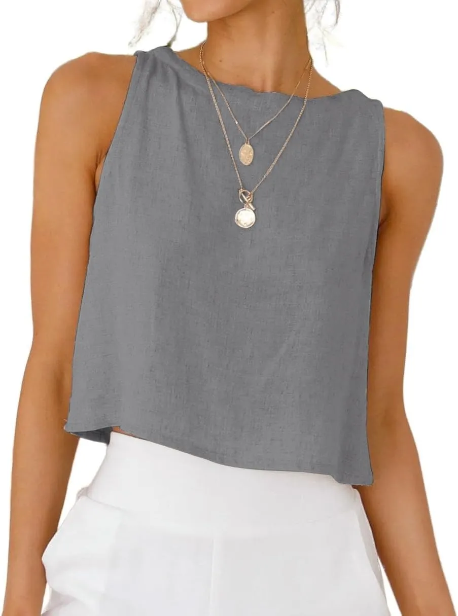 Kinghua Womens Linen Crop Tops Summer Casual Loose Cotton Linen Sleeveless Tank Top