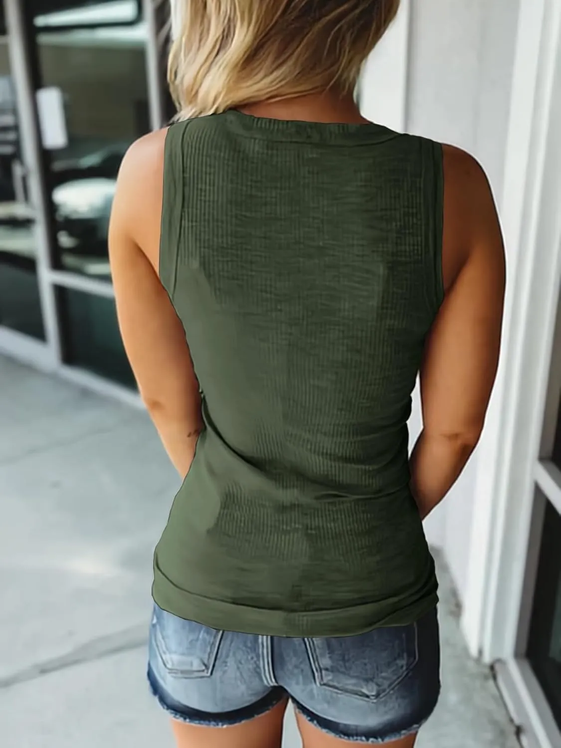 KINLONSAIR Women's Sleeveless Henley Tank Tops Summer Ribbed Button Down Casual T Shirts Slim Fit V Neck Tee Tops
