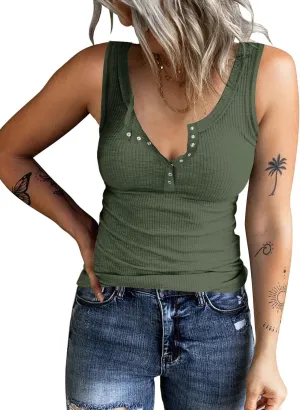 KINLONSAIR Women's Sleeveless Henley Tank Tops Summer Ribbed Button Down Casual T Shirts Slim Fit V Neck Tee Tops