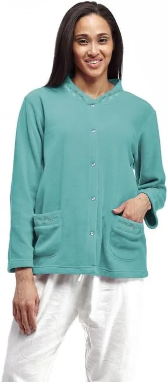 LA CERA Women's Embroidered Snap Front Fleece Bed Jacket