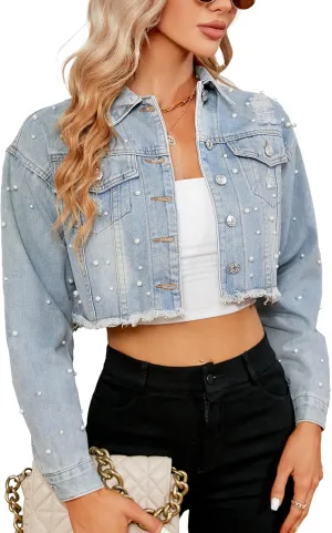Ladyful Women's Lapel Denim Jacket 3/4 Sleeve Button Down Trucker Moto Jean Coat Outerwear