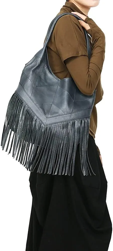 Large Hobo with Tassel Tote for Women Shoulder Genuine Leather Handbag