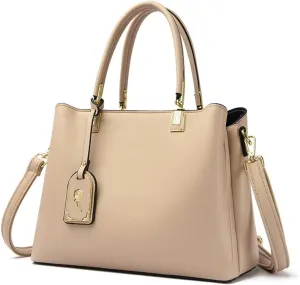 Large Leather Tote Handbag for Women - Stylish Beige Crossbody Satchel with Top Handle