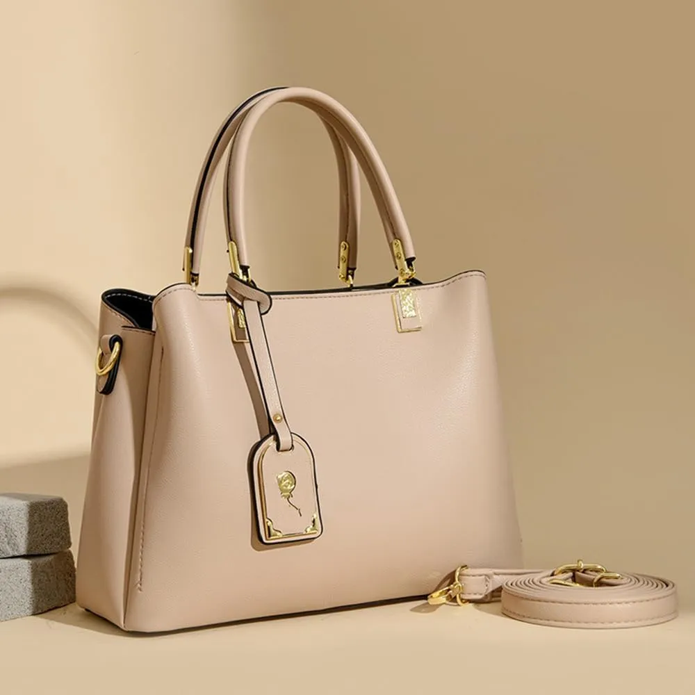 Large Leather Tote Handbag for Women - Stylish Beige Crossbody Satchel with Top Handle