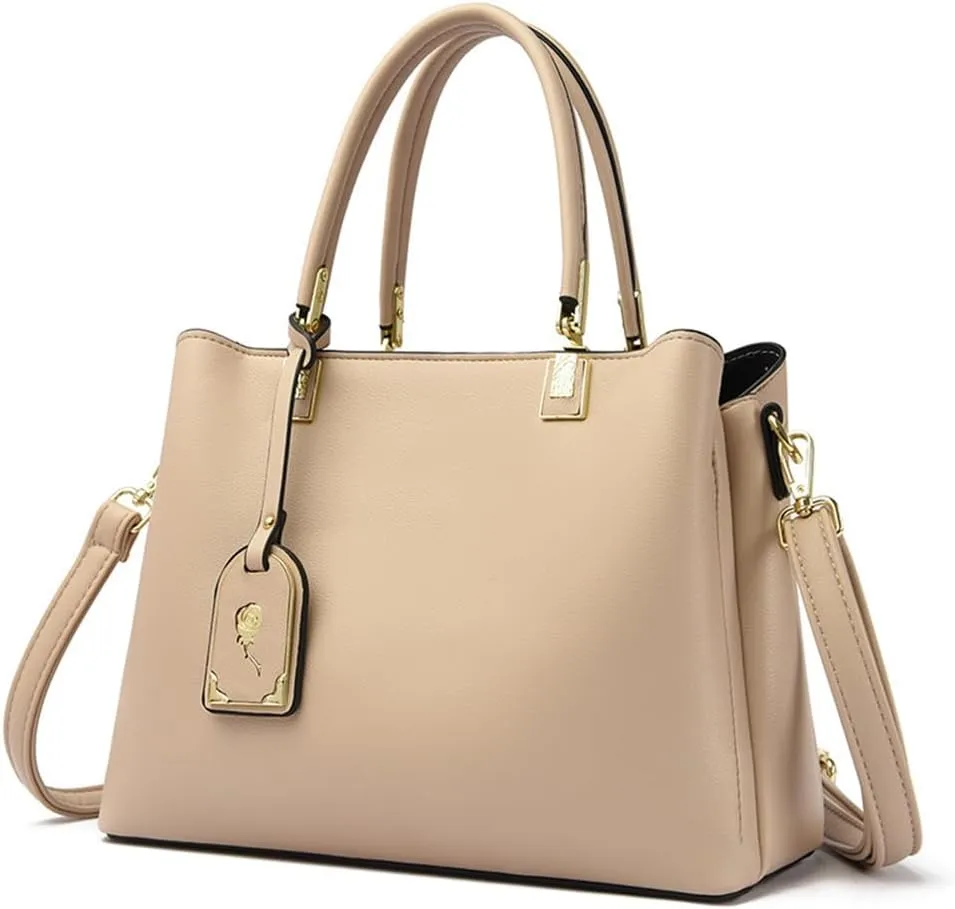 Large Leather Tote Handbag for Women - Stylish Beige Crossbody Satchel with Top Handle
