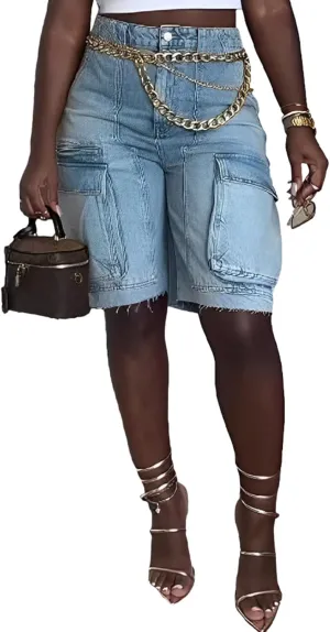 LETSVDO Women's Cargo Jean Shorts High Waisted Straight Leg Bermuda Casual Baggy Long Denim Shorts with Pockets