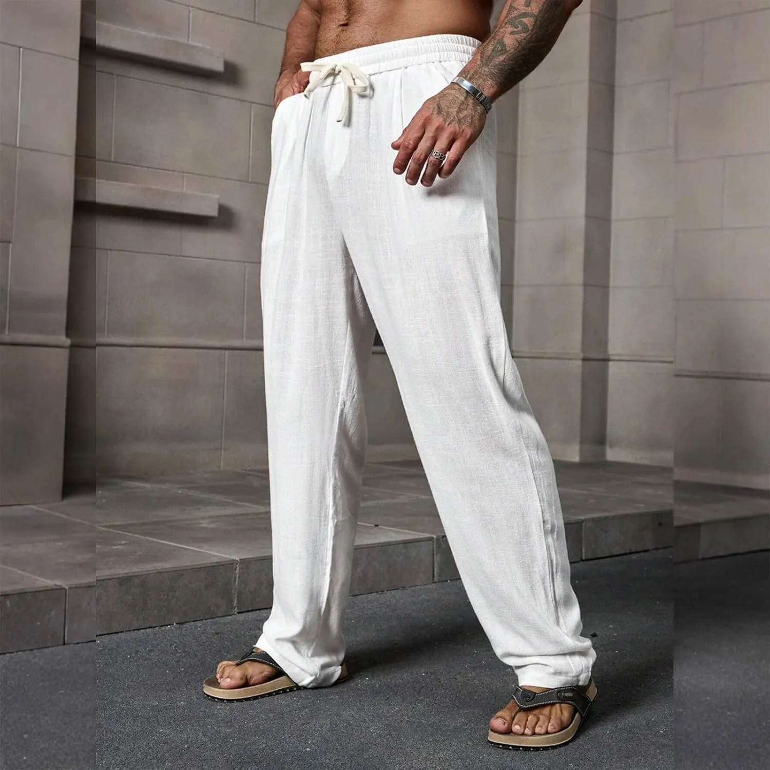 Linen Pants for Men Plain Causal Pant Summer Outdoor Vacation Beach Trouser Lightweight Open Bottom Drawstring Slacks