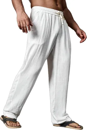 Linen Pants for Men Plain Causal Pant Summer Outdoor Vacation Beach Trouser Lightweight Open Bottom Drawstring Slacks