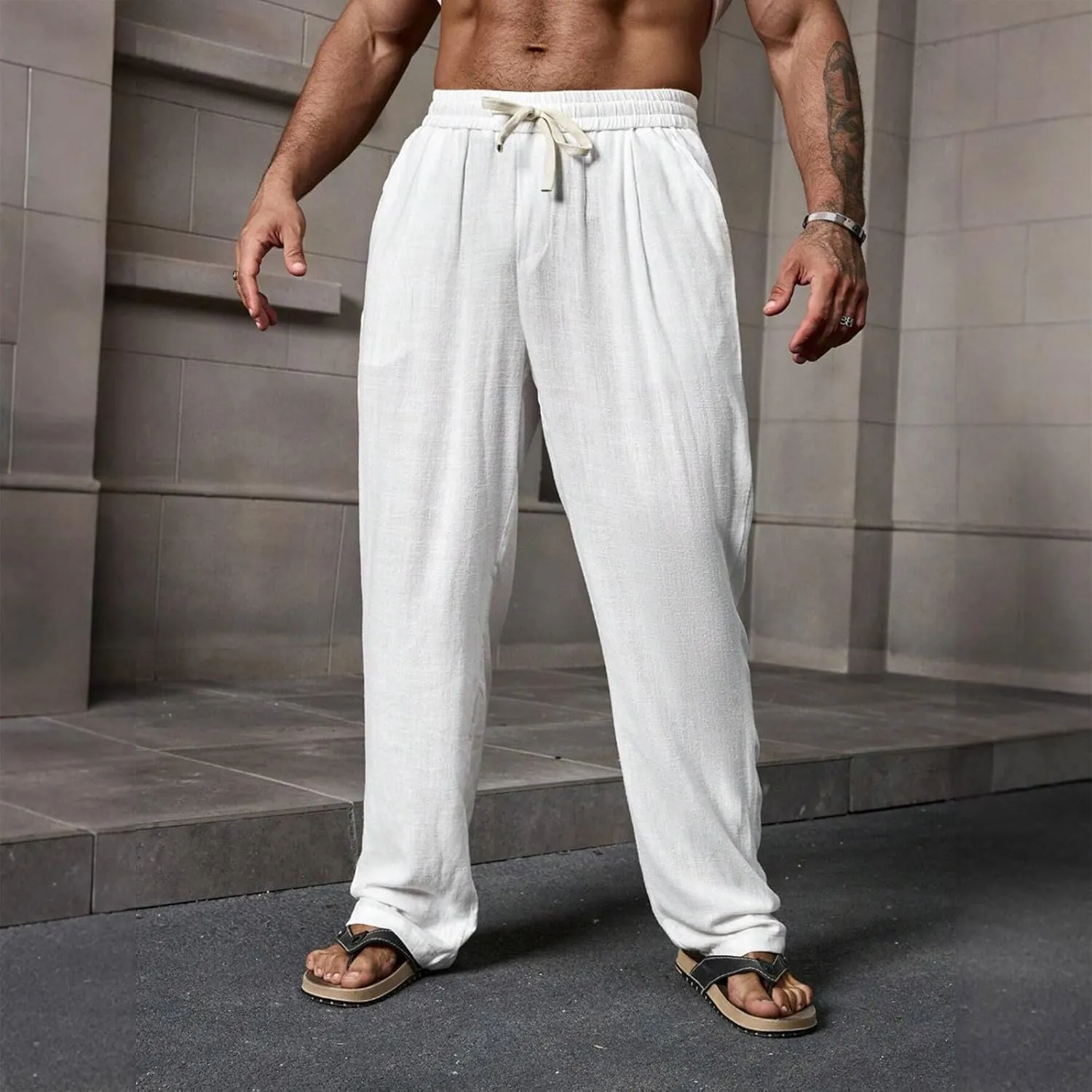 Linen Pants for Men Plain Causal Pant Summer Outdoor Vacation Beach Trouser Lightweight Open Bottom Drawstring Slacks