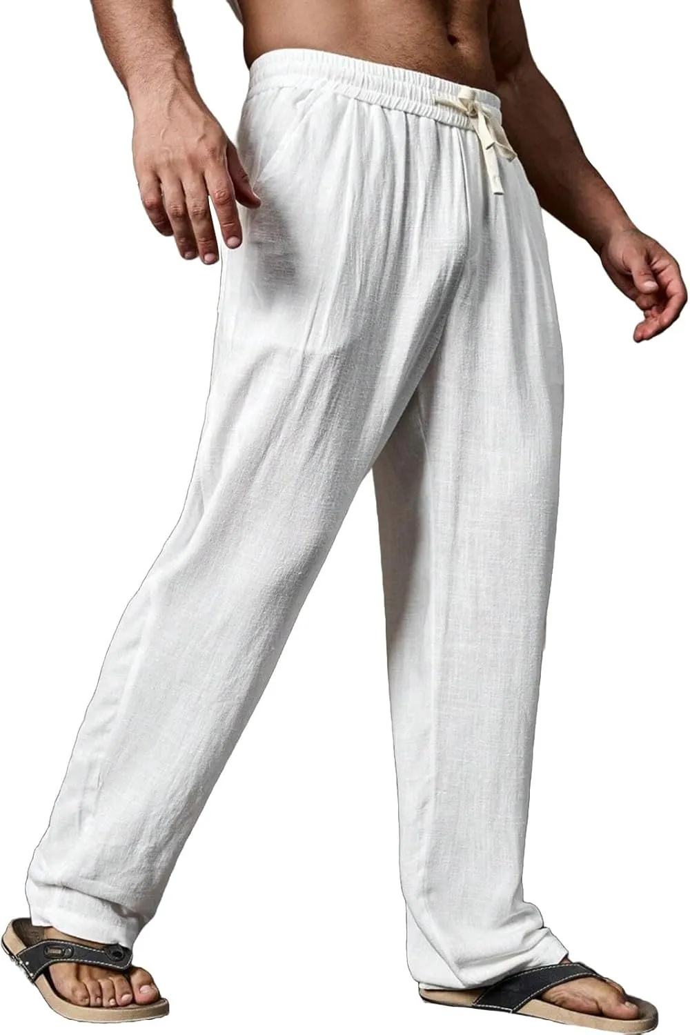 Linen Pants for Men Plain Causal Pant Summer Outdoor Vacation Beach Trouser Lightweight Open Bottom Drawstring Slacks