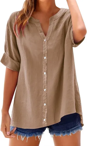 Linen Shirts for Women Button Down Shirt Gauze Cotton Short Sleeve Loose Fit Blouse Collared Casual Work Top