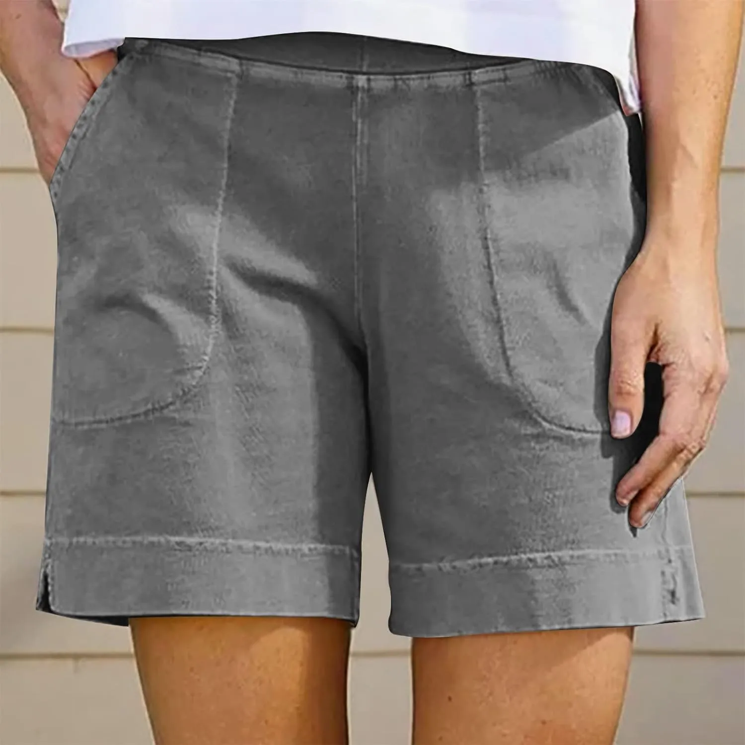 Linen Shorts for Women Summer Elastic High Waist Pant Beach Lounge Short Pants Vacation Outfits with Pockets